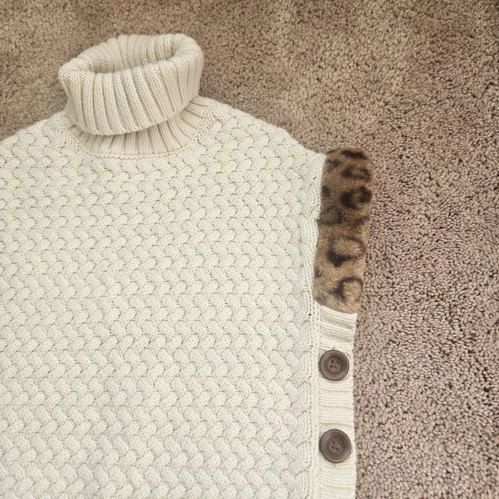 Aspen Kids Girls Turtleneck Poncho Cream Sweater Beige Cream Faux Fur Youth 4T
